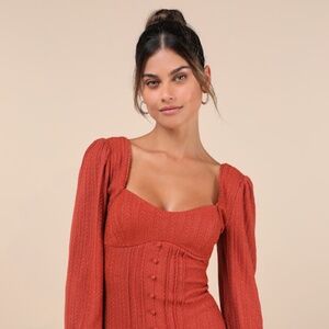 Lulus Coveted Sweetness Rust Pointelle Knit Long Sleeve Mini Dress Orange